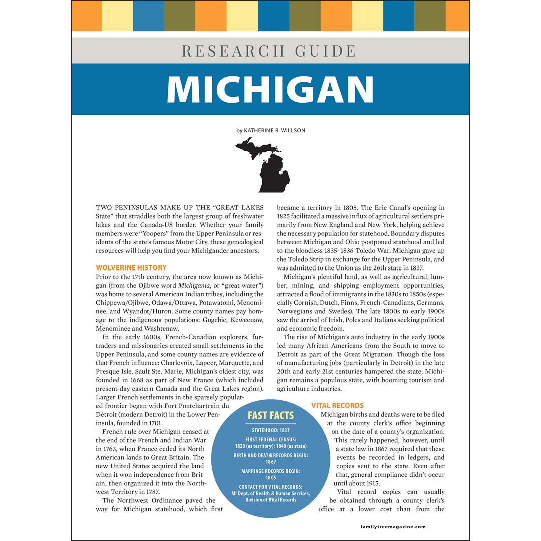 Research guide for Michigan with text and a map of the state.
