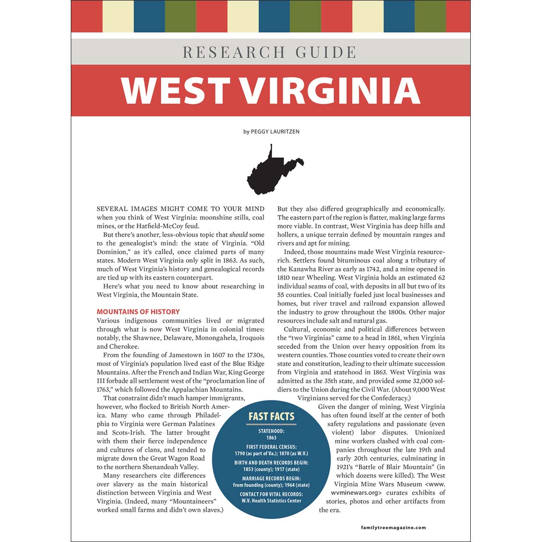 Research guide about West Virginia with text and a map on a white background