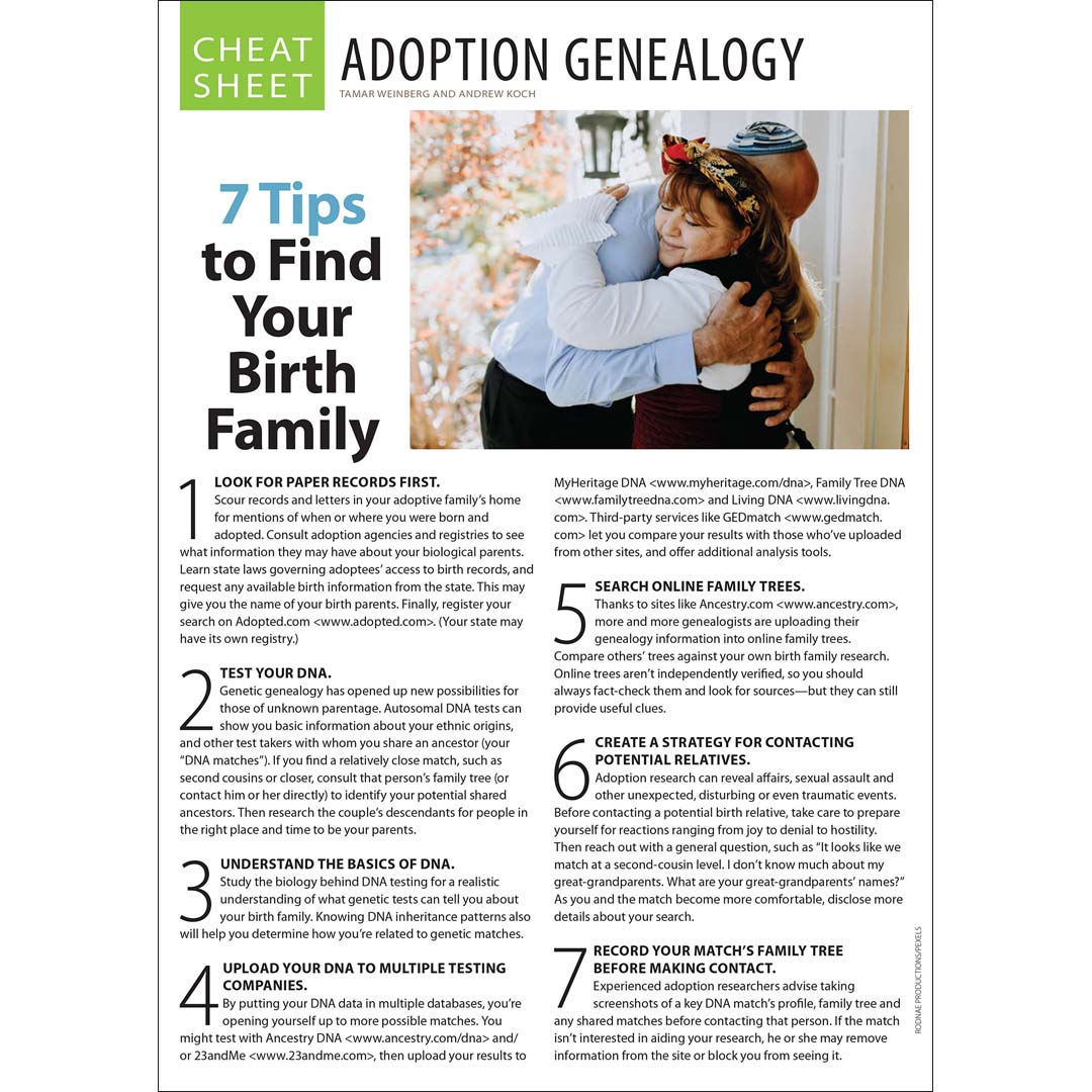 Page from a magazine or book titled 'Adoption Genealogy' with tips on finding birth family.