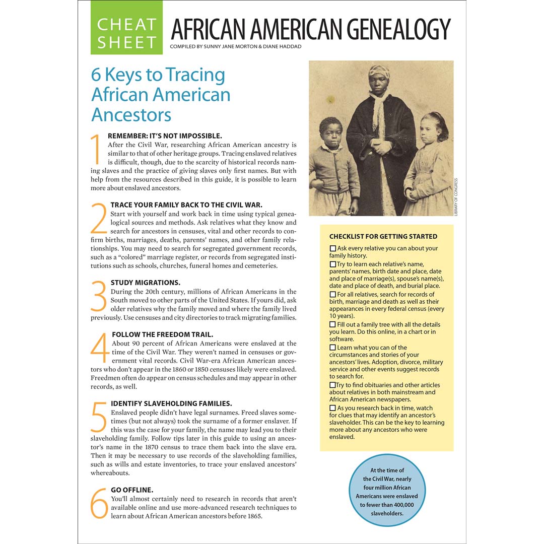 Sheet titled '6 Keys to Tracing African American Ancestors' with text and a photo of a family.