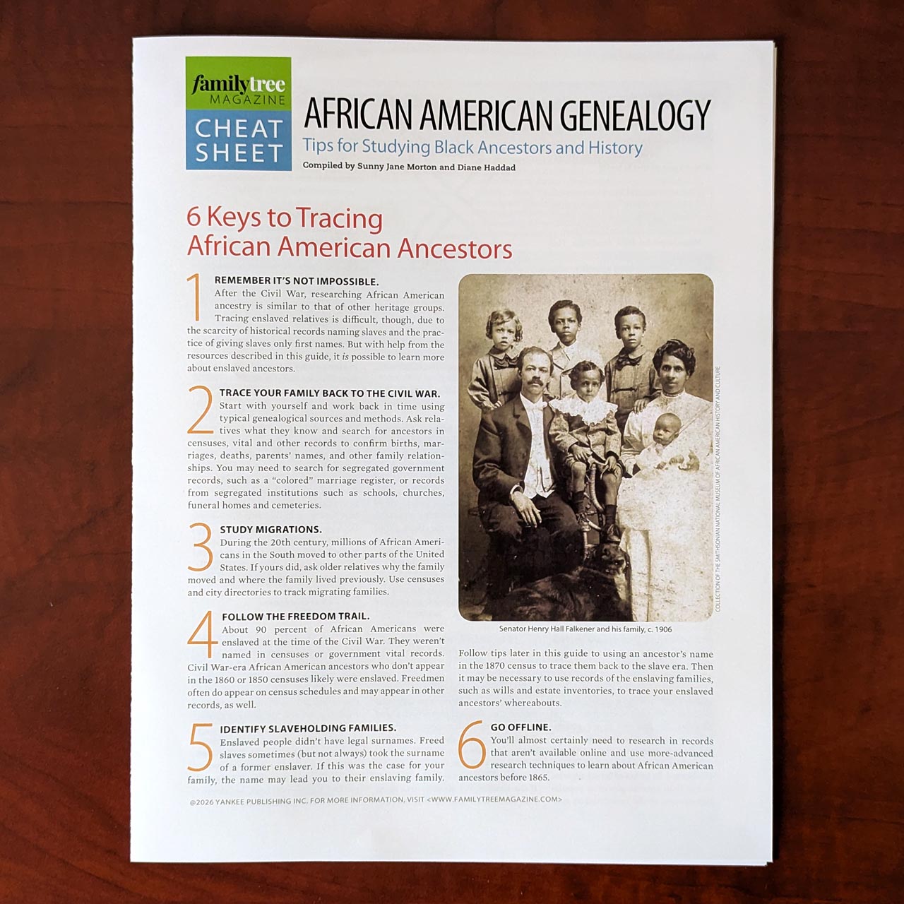 Family Tree Magazine African American Genealogy Cheat Sheet on a wooden surface