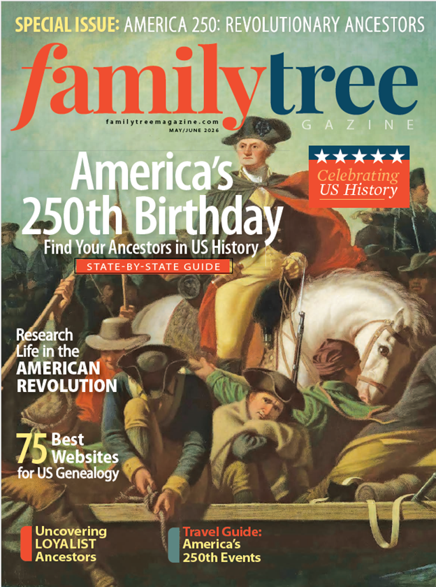 Family Tree Magazine cover celebrating America's 250th Birthday with historical illustrations.