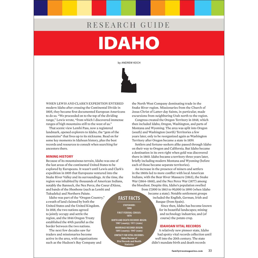 Research guide for Idaho with text and a map outline on a white background