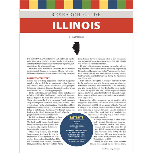 Research guide for Illinois with a map and text on a white background