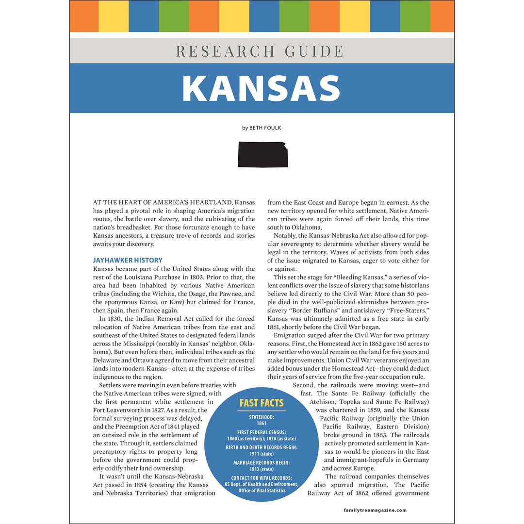 Research guide for Kansas with colorful header and text layout
