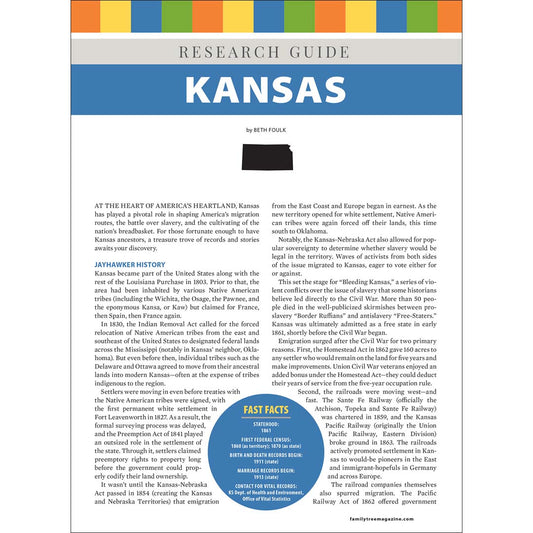 Research guide for Kansas with colorful header and text layout