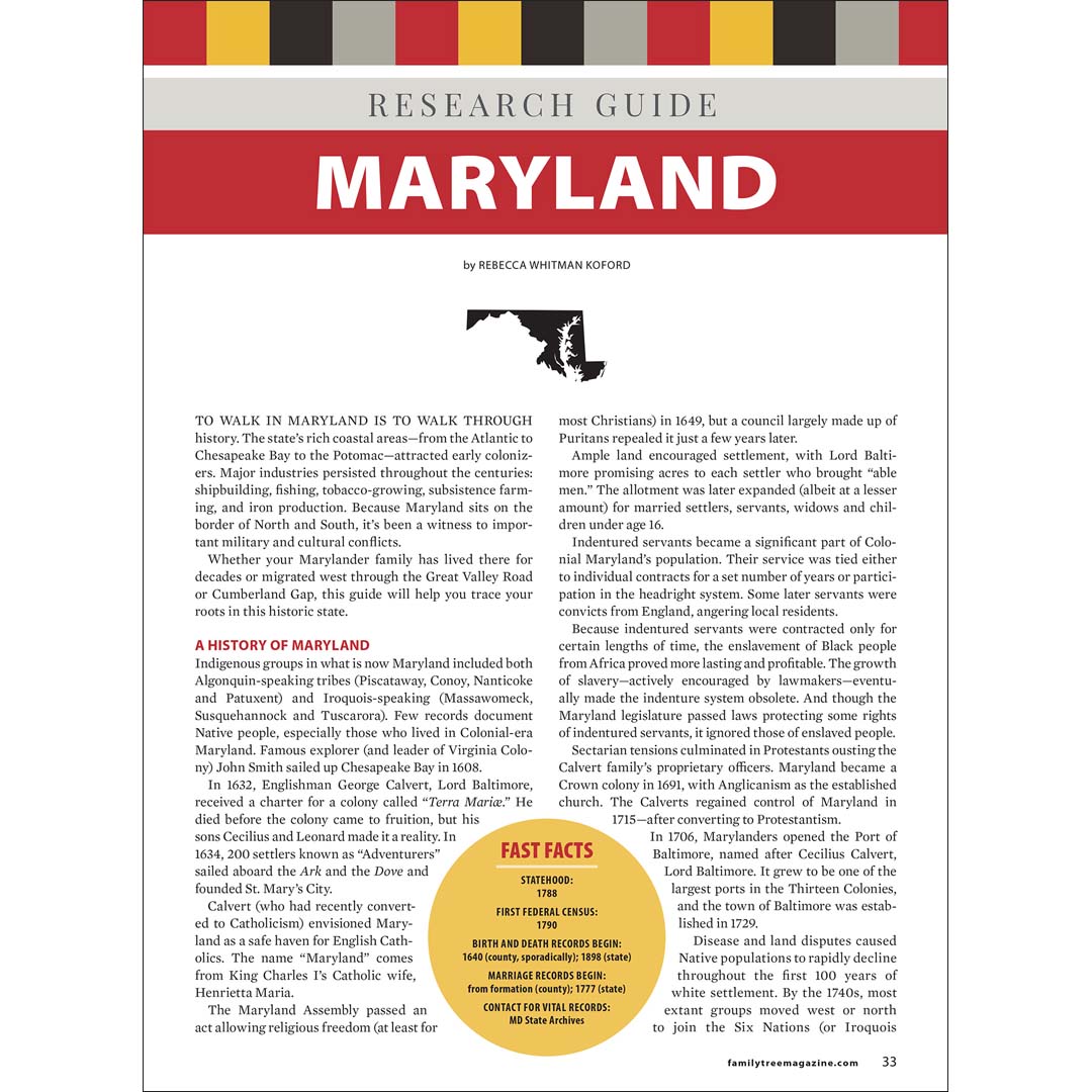Research guide for Maryland with text and a map on a white background