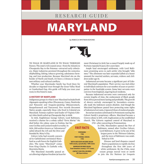 Research guide for Maryland with text and a map on a white background