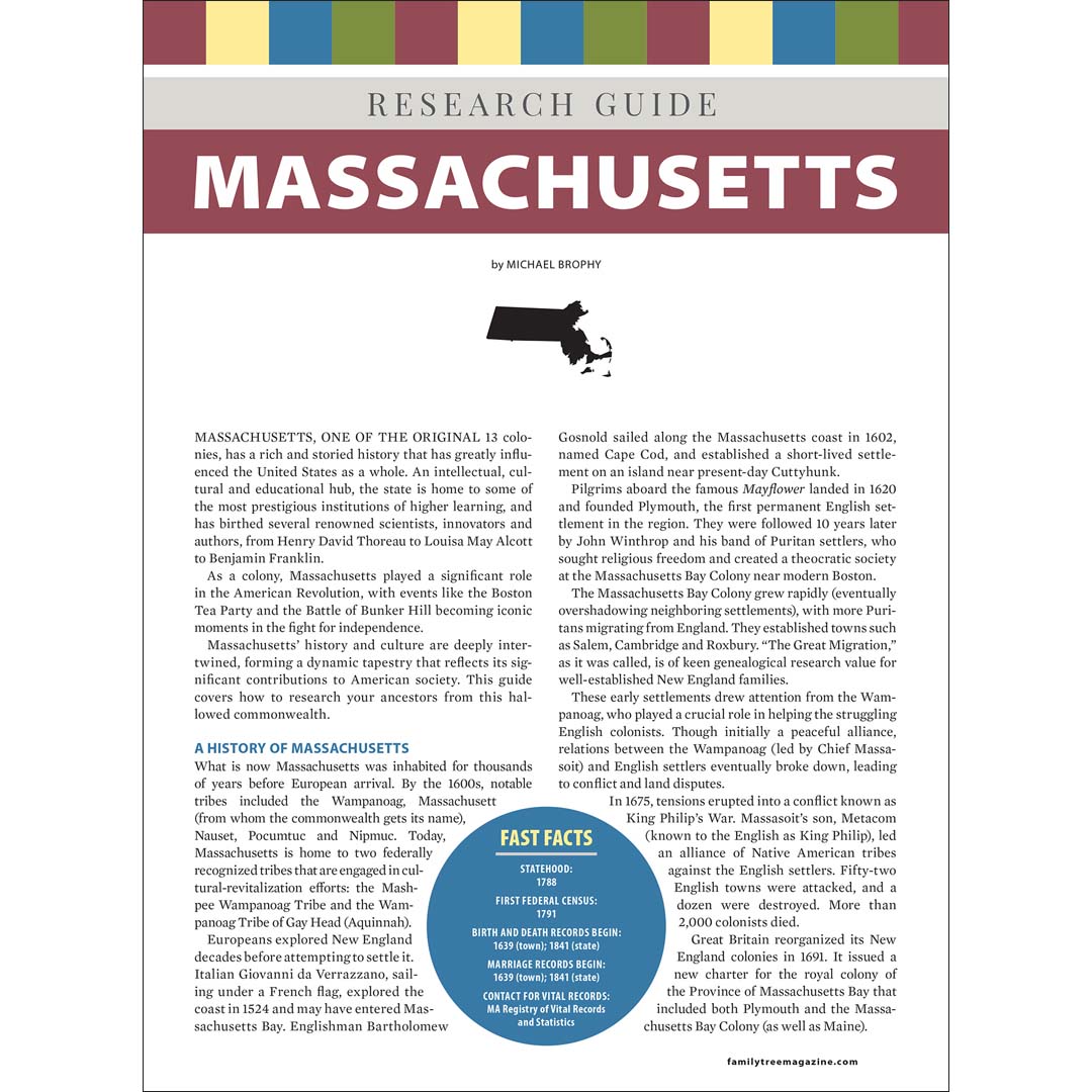 Research guide book cover about Massachusetts with text and a map.