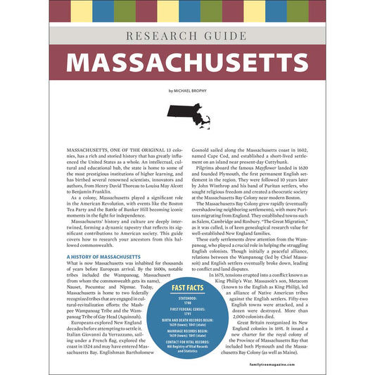 Research guide book cover about Massachusetts with text and a map.