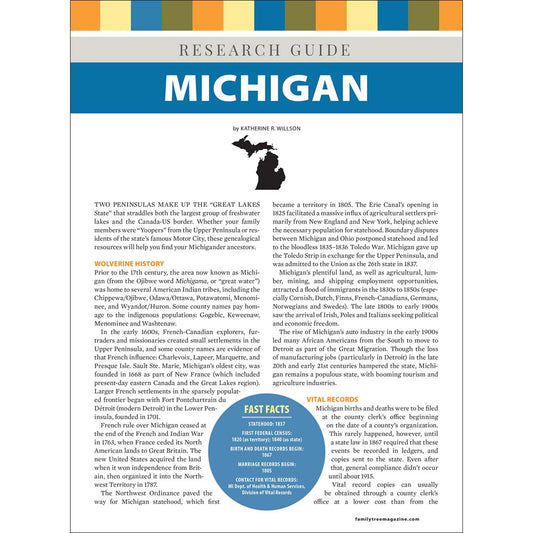 Research guide for Michigan with text and a map of the state.