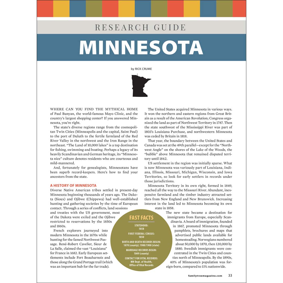 Minnesota research guide book page with text and a map