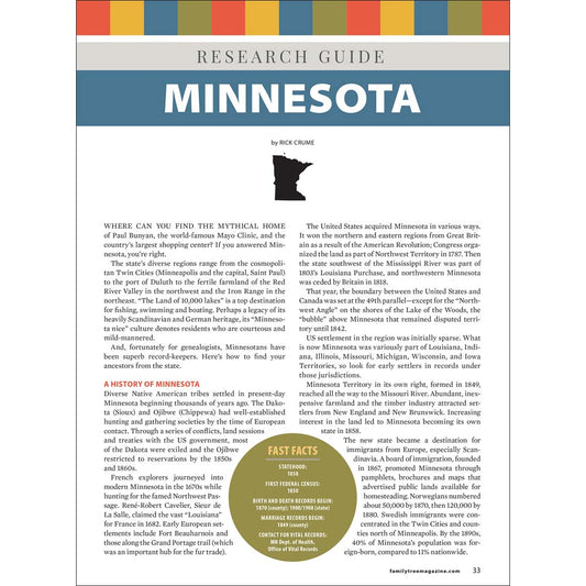 Minnesota research guide book page with text and a map