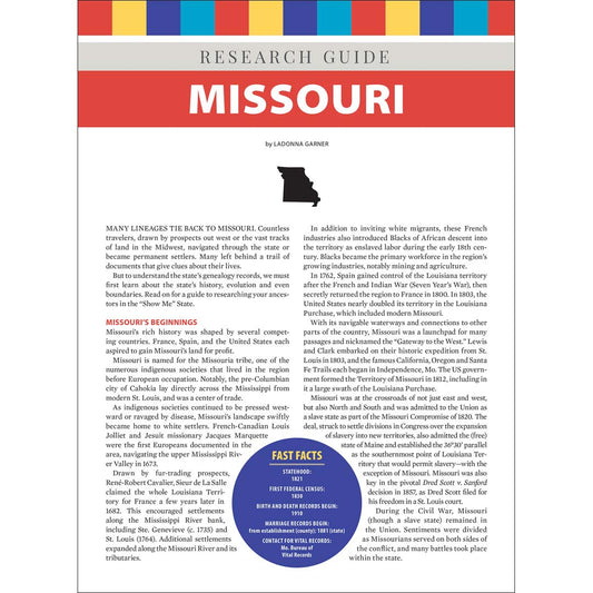 Research guide for Missouri with text and a map on a white background