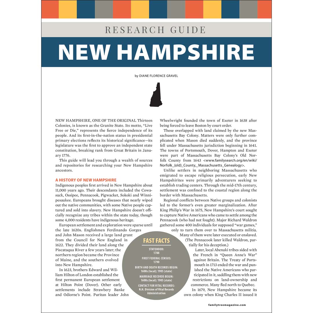 Research guide for New Hampshire with text and a flag at the top
