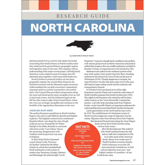 Research guide for North Carolina with text and map on a white background