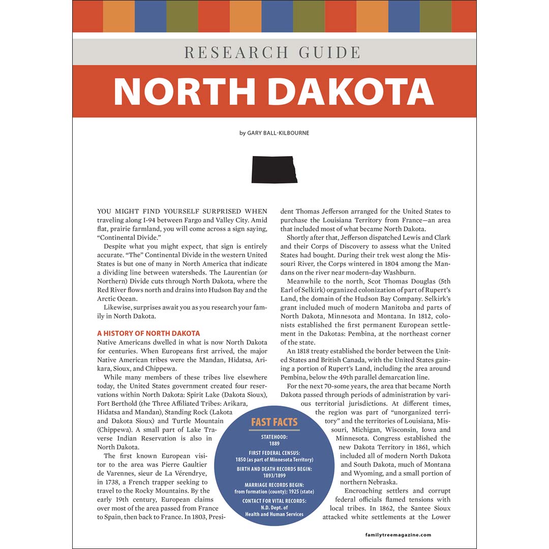 Research guide for North Dakota with text and a map on a white background