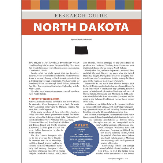 Research guide for North Dakota with text and a map on a white background