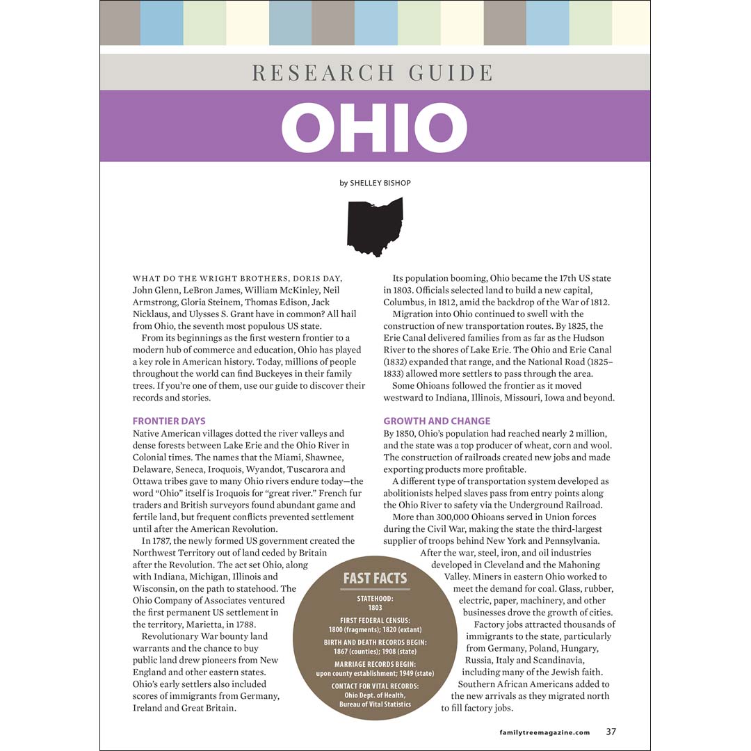 Page from a book titled 'Research Guide Ohio' by Shelley Bishop, featuring text and a map of Ohio.
