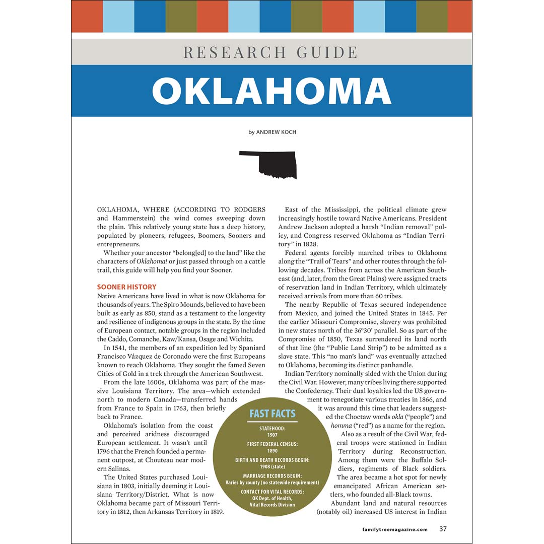 Research guide for Oklahoma with text and map on a white background