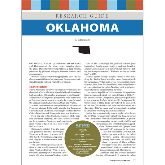 Research guide for Oklahoma with text and map on a white background