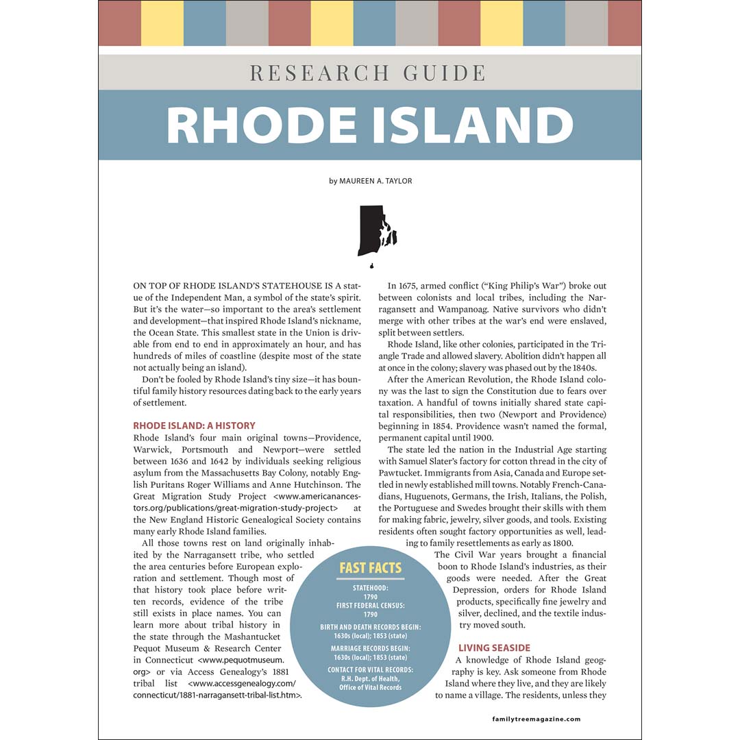 Research guide for Rhode Island with text and a map on a white background