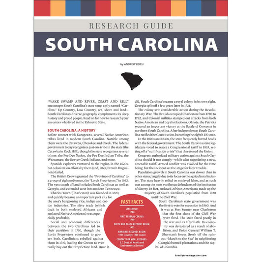Research guide on South Carolina with text and a map