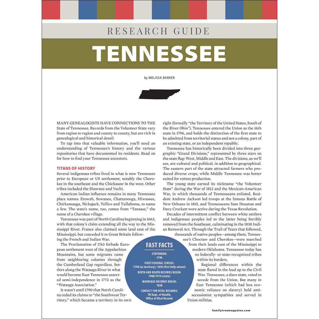 Research guide for Tennessee with text and a map on a white background