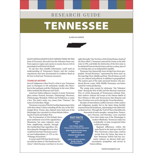 Research guide for Tennessee with text and a map on a white background
