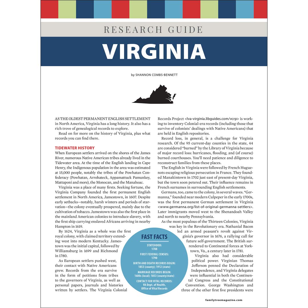 Research guide for Virginia with text and a map on a white background