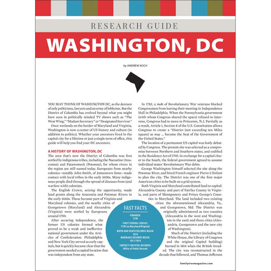 Research guide cover about Washington, DC with text and a logo.