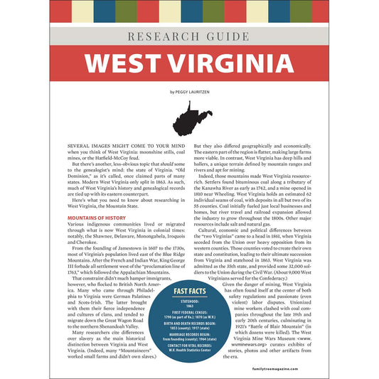 Research guide about West Virginia with text and a map on a white background