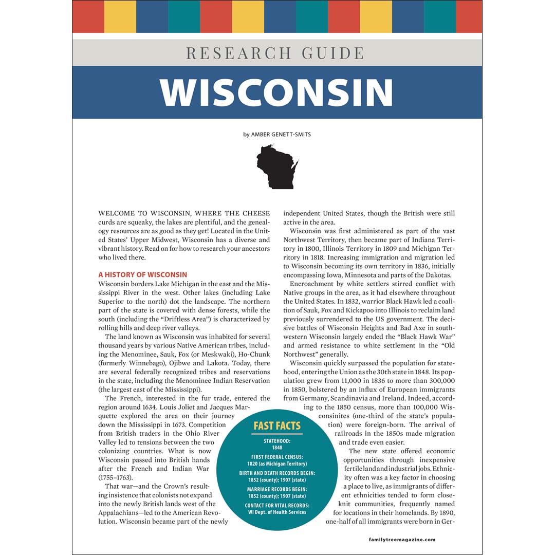 Research guide for Wisconsin with text and a map on a white background