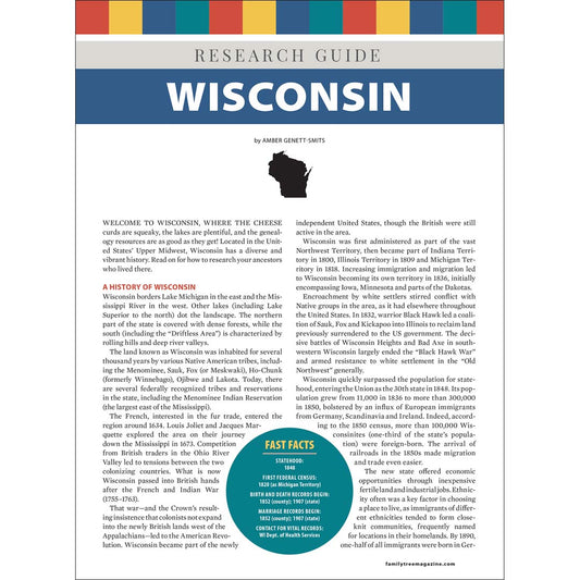 Research guide for Wisconsin with text and a map on a white background