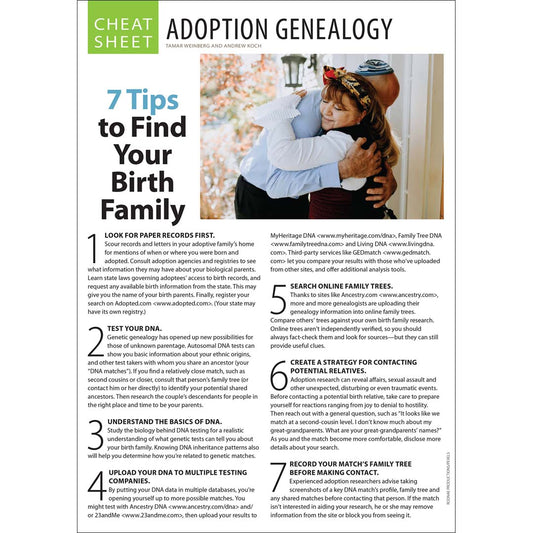 Page from a magazine or book titled 'Adoption Genealogy' with tips on finding birth family.
